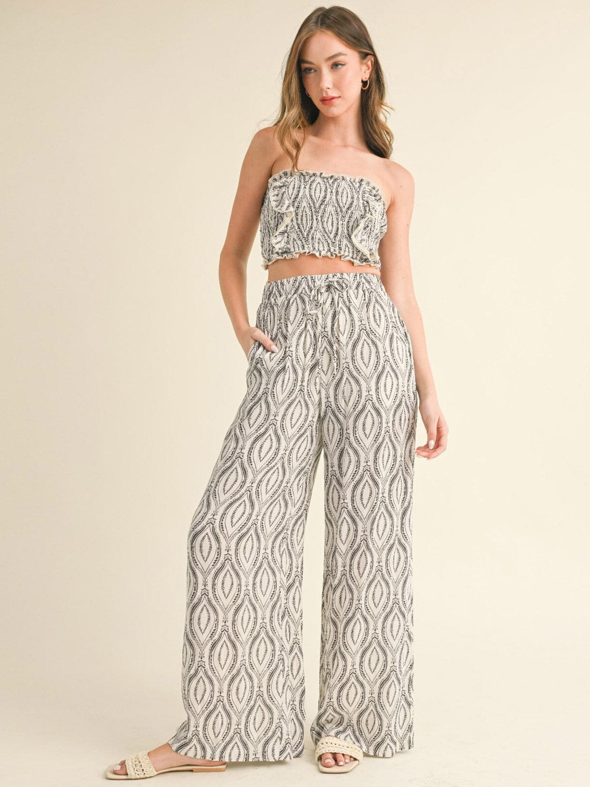 WOMEN'S SMOCK CROP TOP & WIDE LEG PANTS PRINTED 2PC. SET