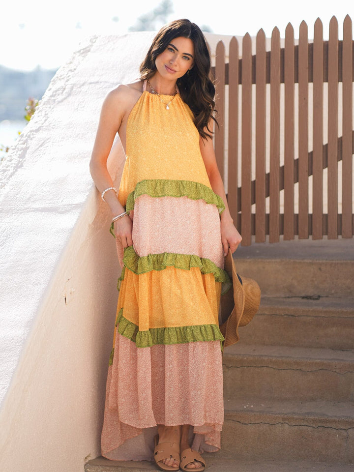 WOMEN'S SLEEVELESS HALTER NECK TIERED COLORBLOCK MAXI DRESS
