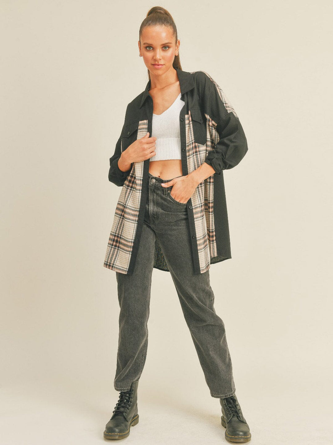 WOMEN'S LONG SLEEVE BUTTON UP PLAID CONTRAST SHIRT