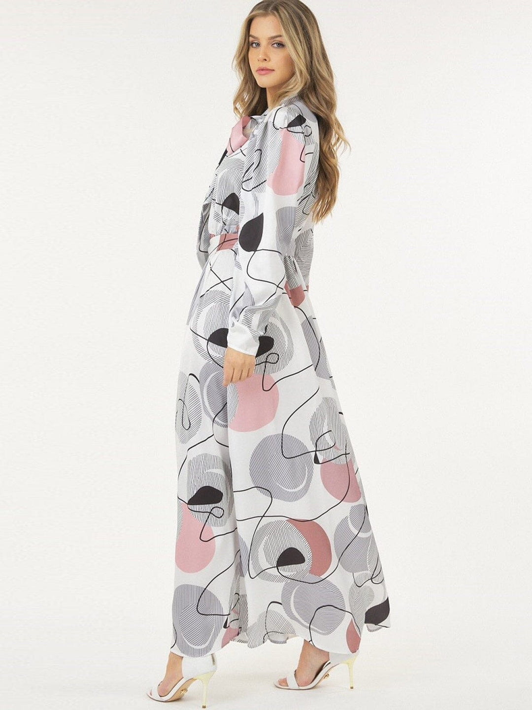 WOMEN'S LONG SLEEVE BUTTON UP SELF TIE MULTI PRINT MAXI DRESS