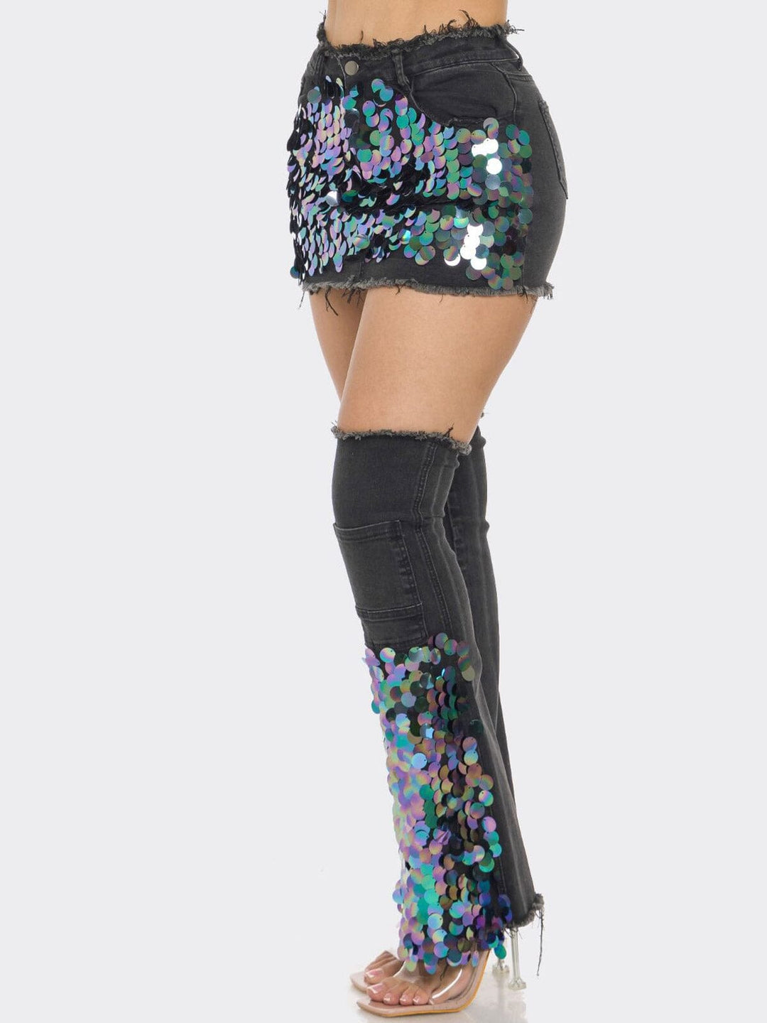 WOMEN'S BUTTON CLOSURE POCKETS SEQUINS MINI SKIRT W/BOTTIES DENIM SET