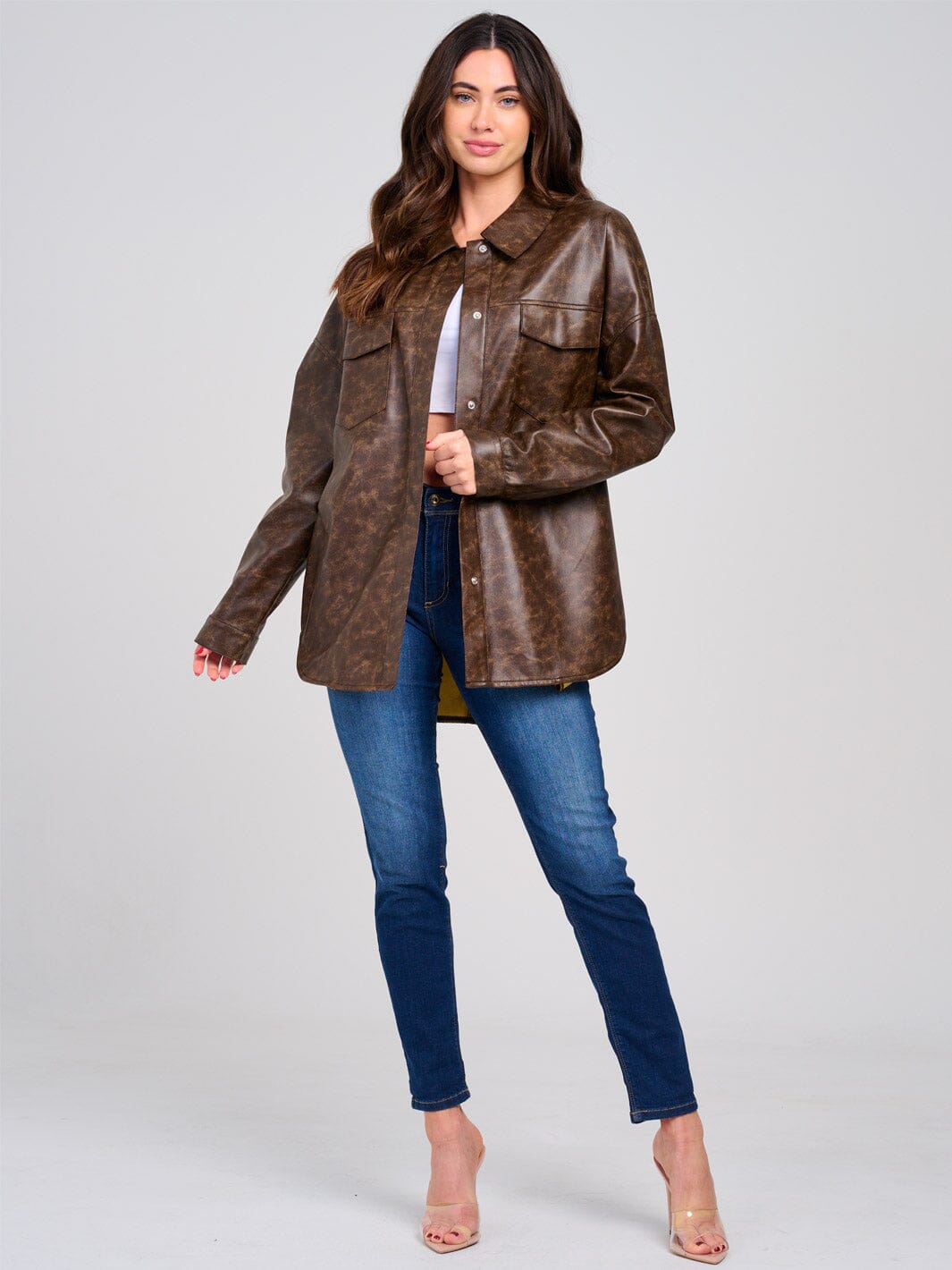 WOMEN'S LONG SLEEVE BUTTON CLOSURE FRONT POCKET PU PLEATHER JACKET