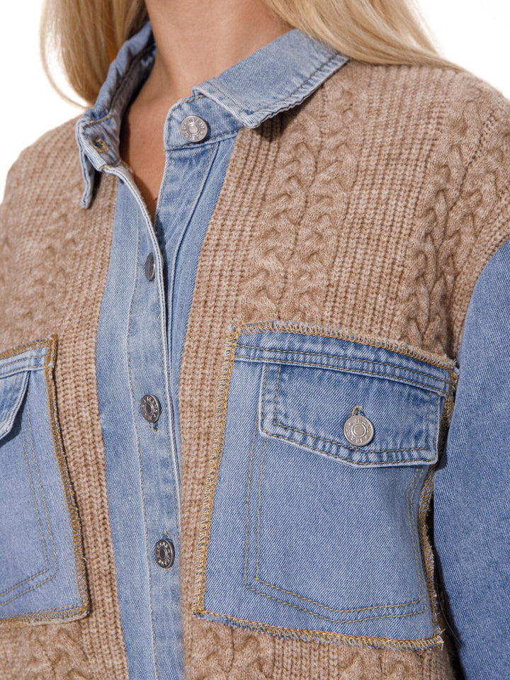 WOMEN'S LONG SLEEVES BUTTON CLOSURE DENIM KNIT OVERSIZED JACKET