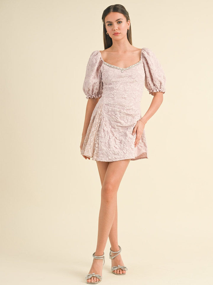 WOMEN'S SHORT PUFF SLEEVE FLORAL DETAILED MINI DRESS