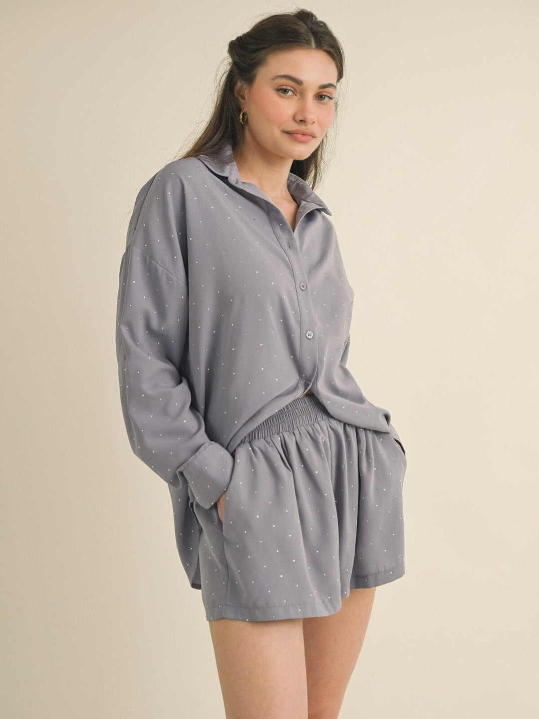 WOMEN'S LONG SLEEVE BLOUSE & MINI SHORTS STUDS DETAILED 2PC. SET