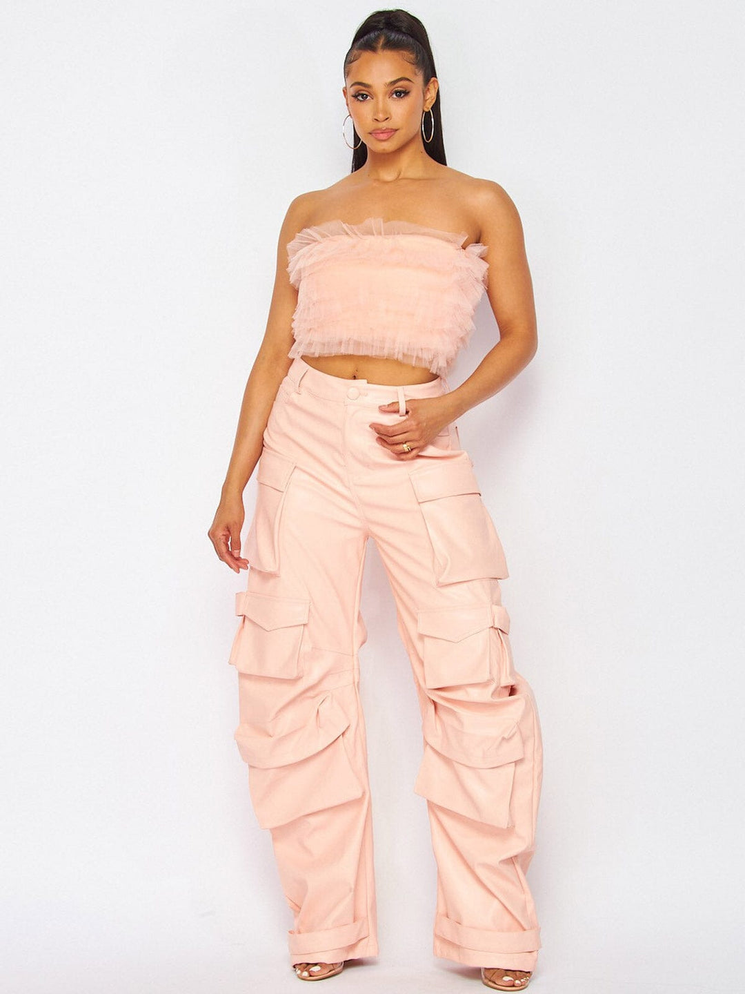 WOMEN'S BUTTON CLOSURE POCKETS PU PLEATHER PANTS