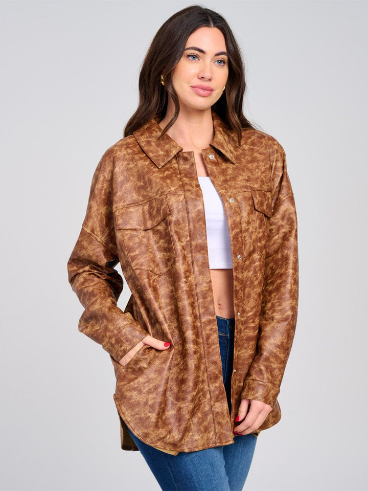 WOMEN'S LONG SLEEVE BUTTON CLOSURE FRONT POCKET PU PLEATHER JACKET