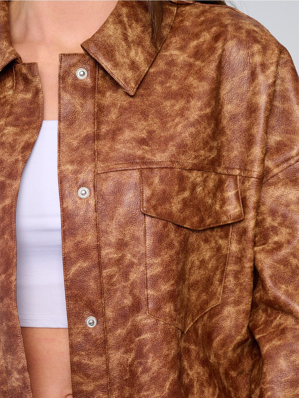 WOMEN'S LONG SLEEVE BUTTON CLOSURE FRONT POCKET PU PLEATHER JACKET