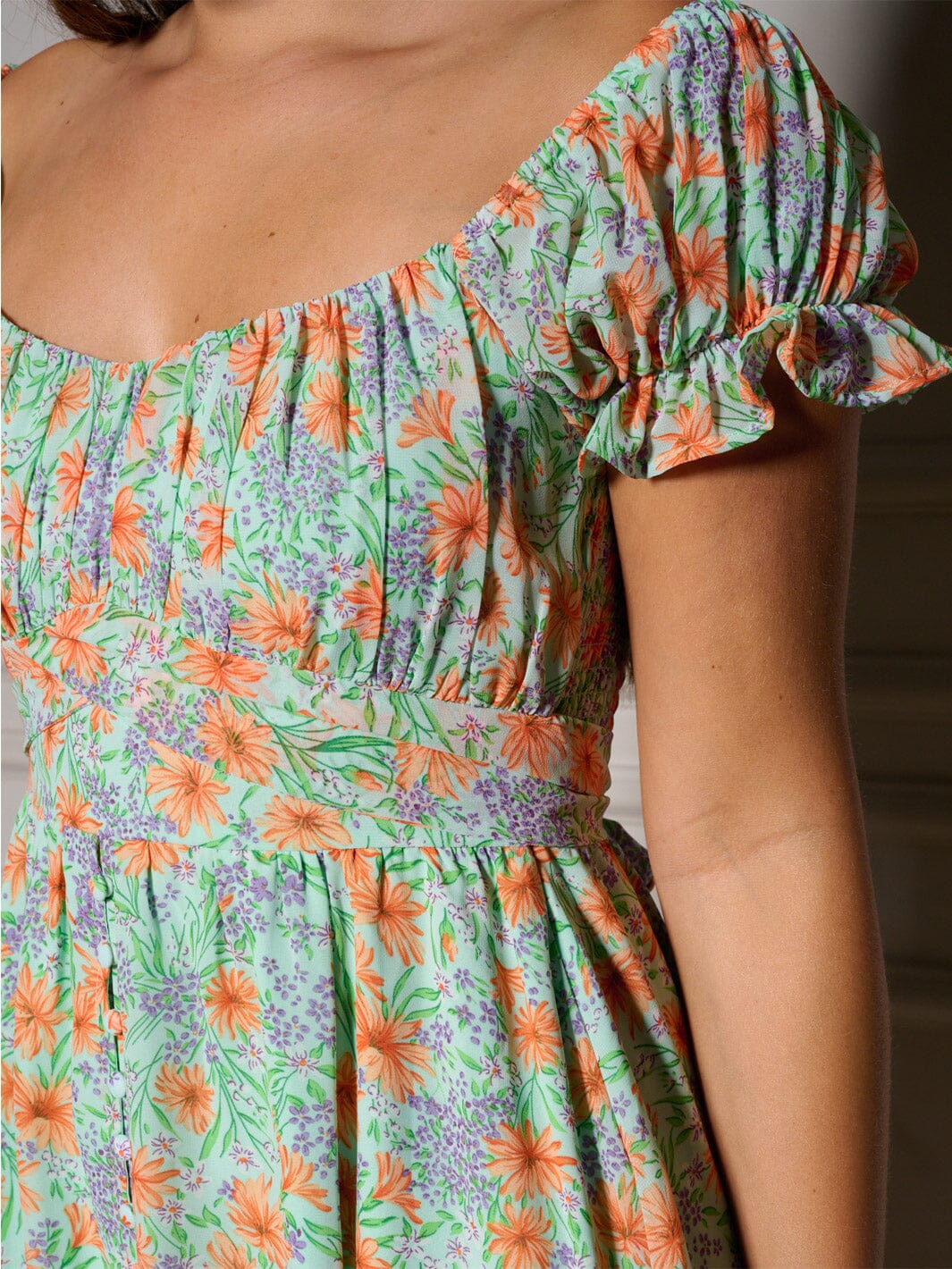 WOMEN'S SHORT SLEEVE SELF TIE SMOCK FLORAL MIDI DRESS