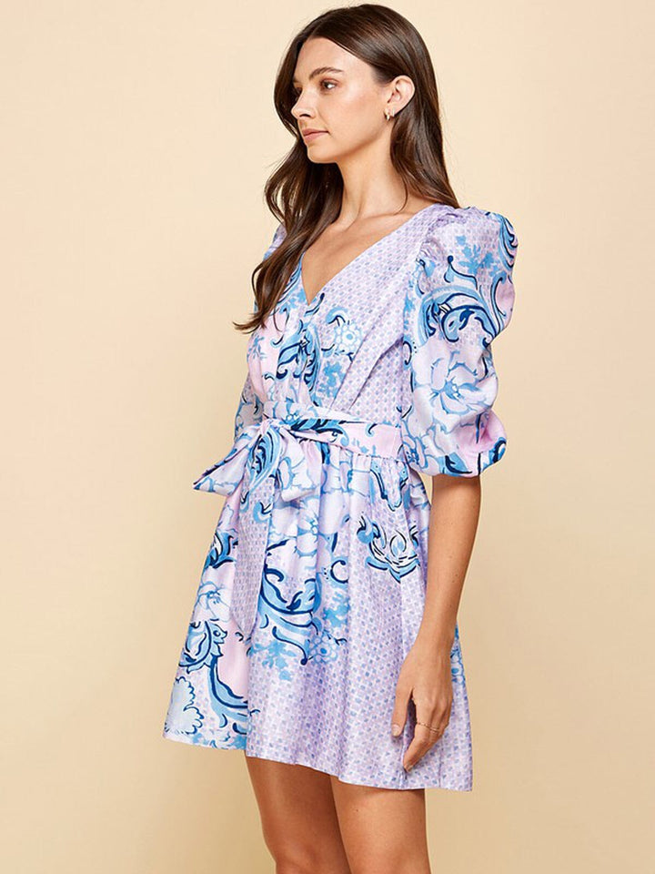 WOMEN'S SHORT PUFF SLEEVE V-NECK MULTI PRINT MINI DRESS