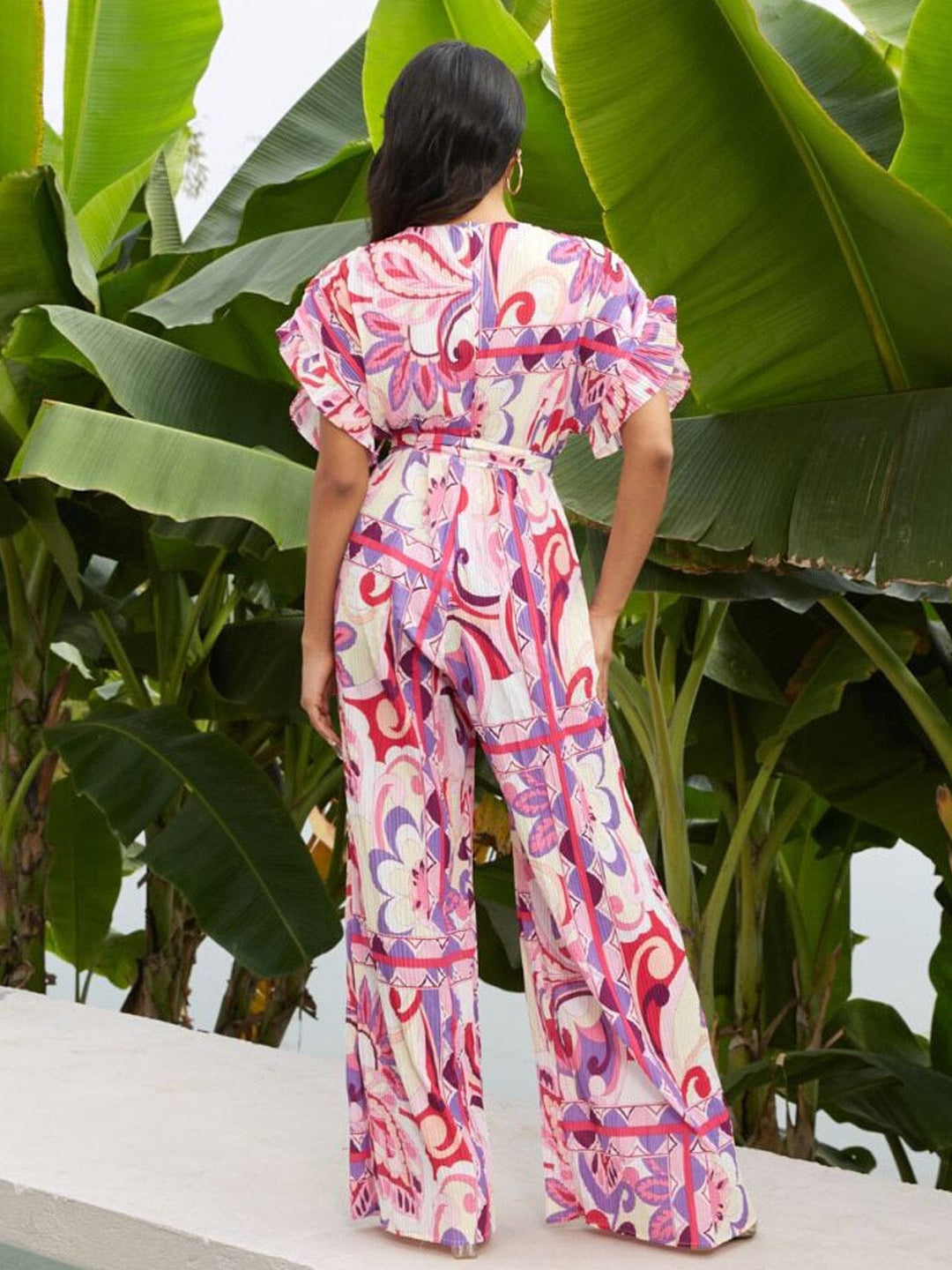 WOMEN'S LONG SLEEVE V-NECK BELTED MULTI PRINT PLEATED WIDE LEG JUMPSUIT