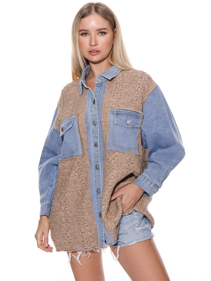 WOMEN'S LONG SLEEVES BUTTON CLOSURE DENIM KNIT OVERSIZED JACKET
