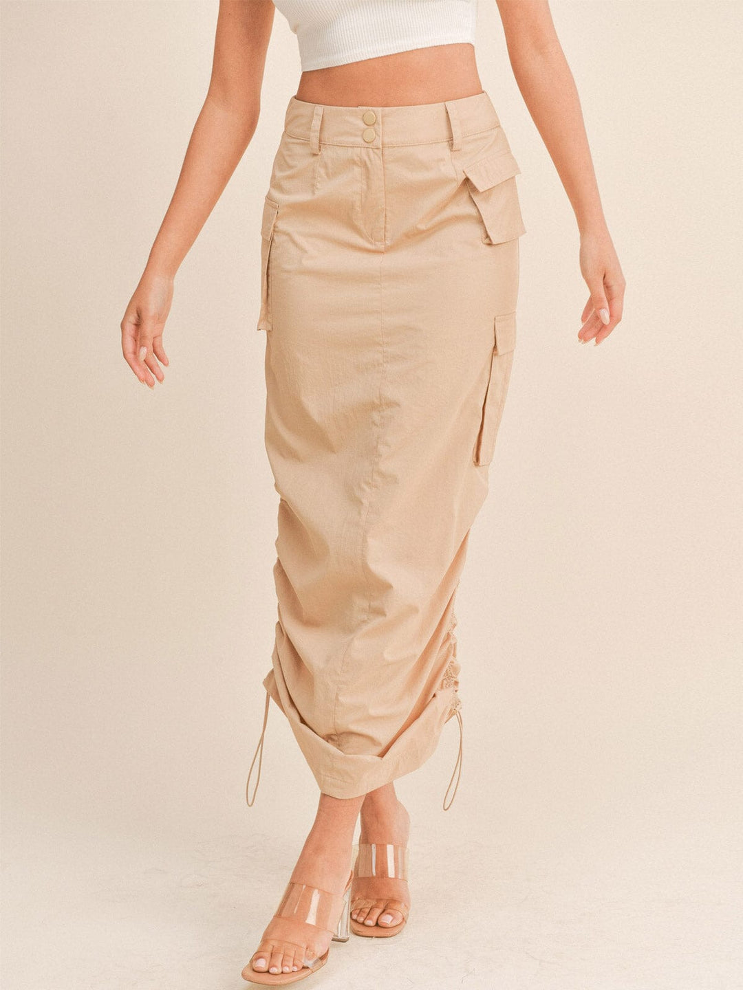 WOMEN'S BUTTON CLOSURE CARGO POCKETS SIDE RUCHED MAXI SKIRT