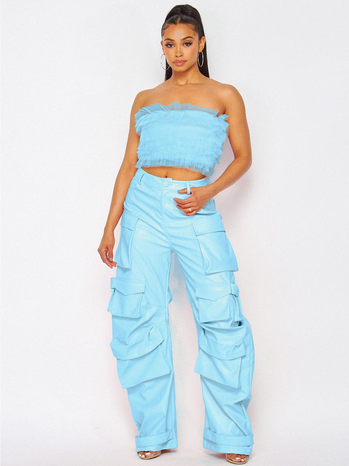 WOMEN'S BUTTON CLOSURE POCKETS PU PLEATHER PANTS
