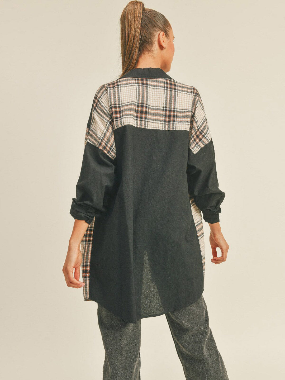 WOMEN'S LONG SLEEVE BUTTON UP PLAID CONTRAST SHIRT