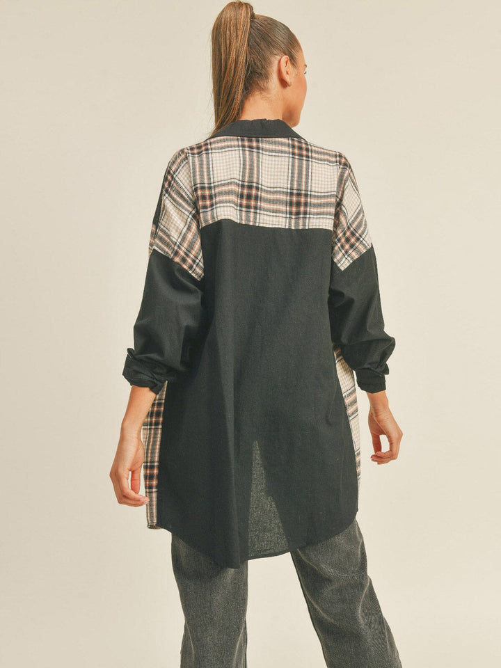 WOMEN'S LONG SLEEVE BUTTON UP PLAID CONTRAST SHIRT