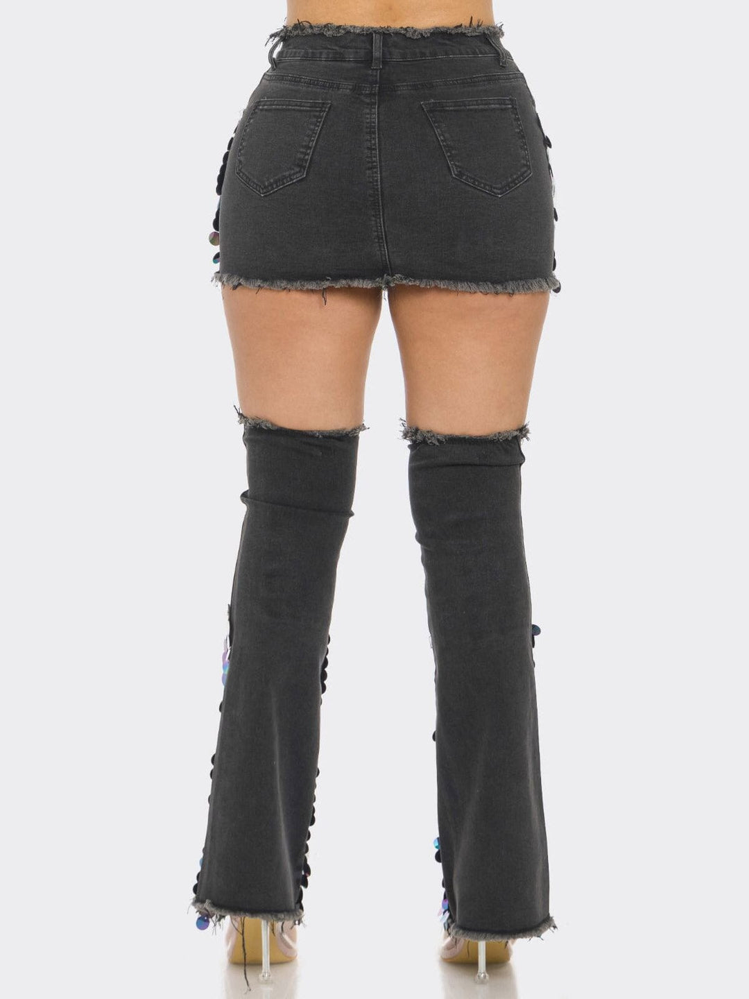 WOMEN'S BUTTON CLOSURE POCKETS SEQUINS MINI SKIRT W/BOTTIES DENIM SET