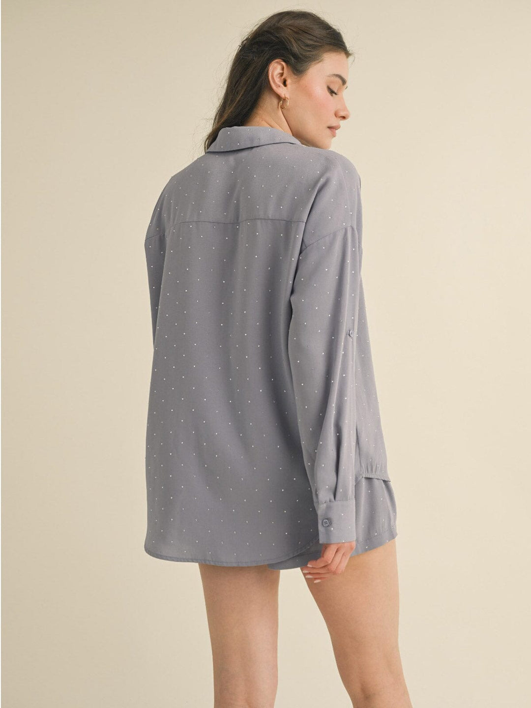 WOMEN'S LONG SLEEVE BLOUSE & MINI SHORTS STUDS DETAILED 2PC. SET