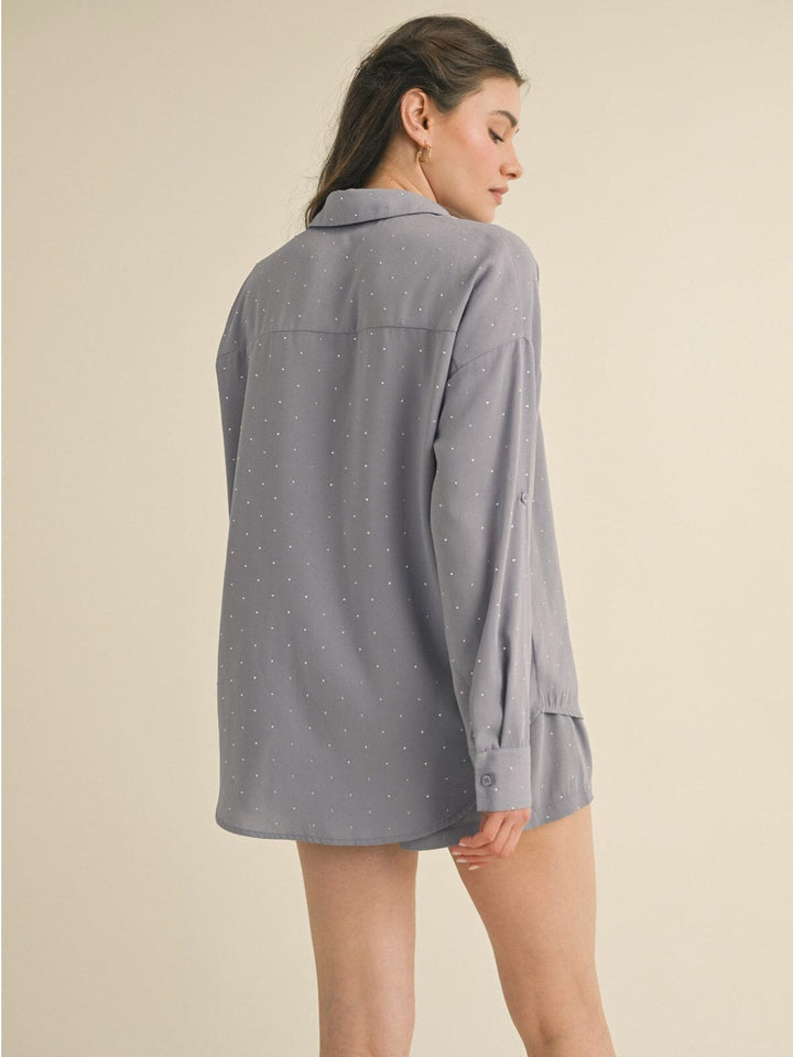 WOMEN'S LONG SLEEVE BLOUSE & MINI SHORTS STUDS DETAILED 2PC. SET