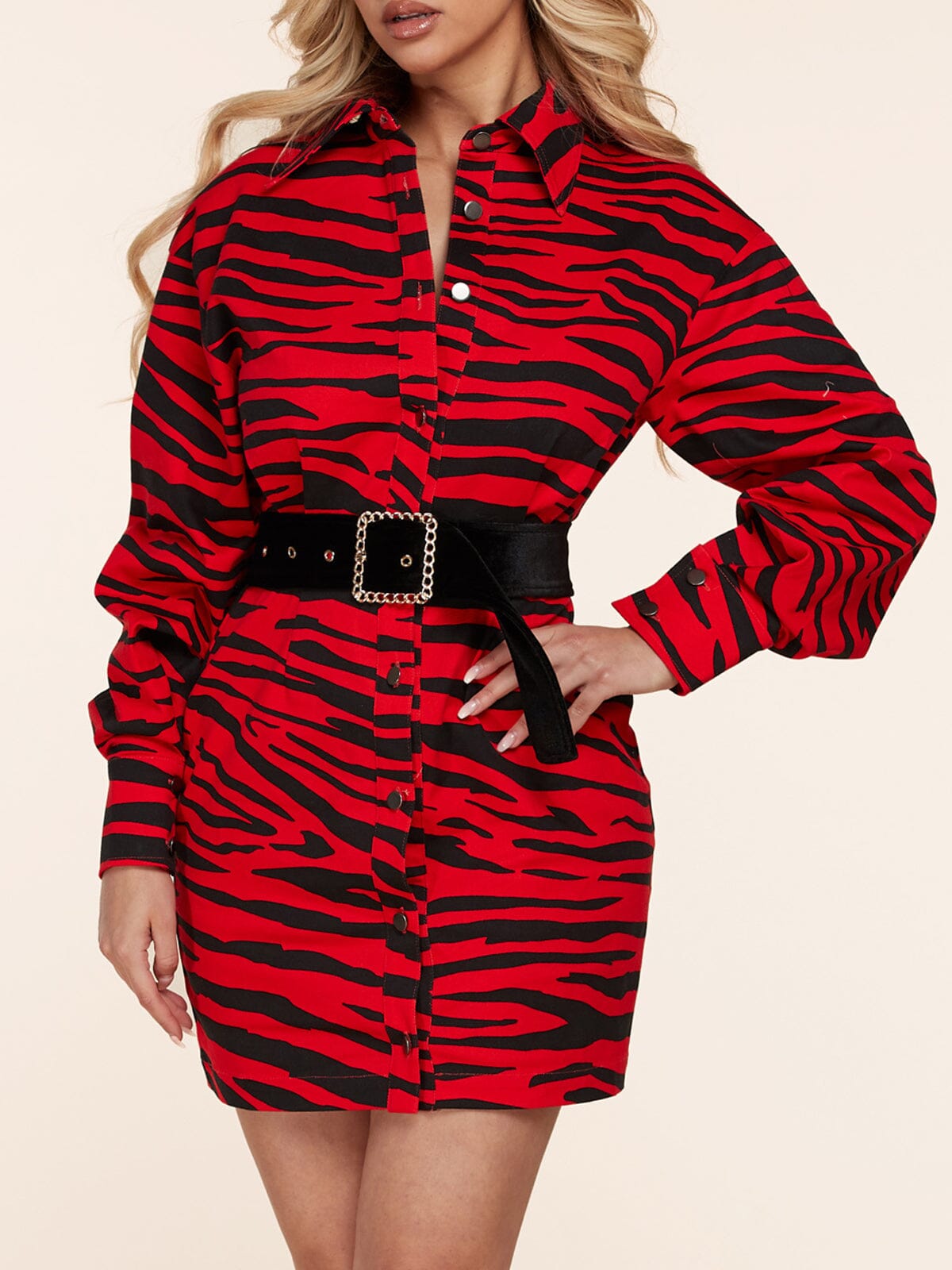 WOMEN'S LONG SLEEVE BUTTON UP BELTED ANIMAL PRINT MINI DRESS