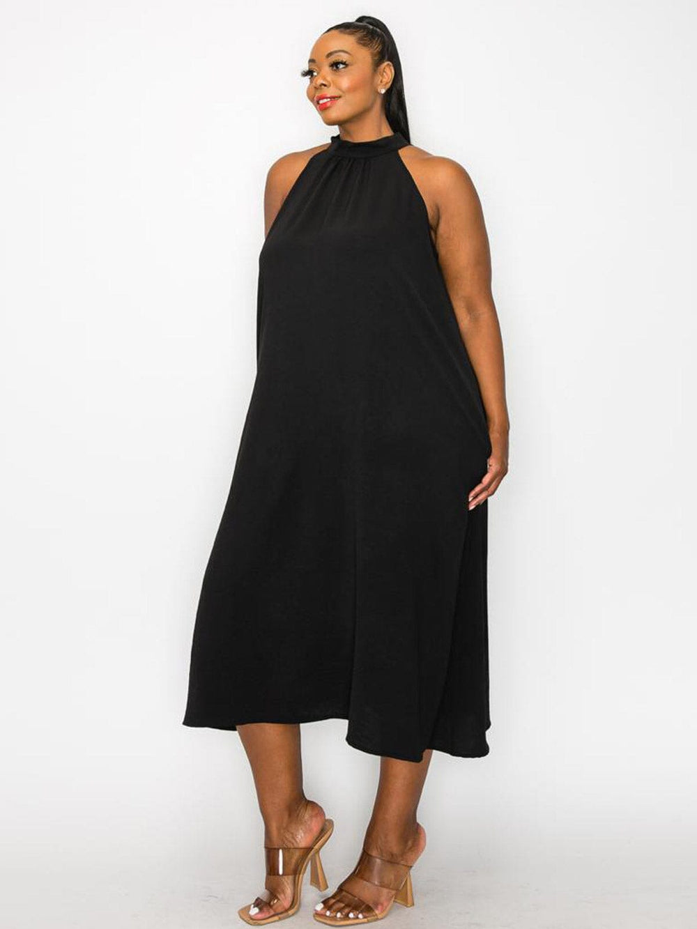 PLUS SIZE SLEEVELESS HALTER NECK POCKETS TUNIC MIDI DRESS