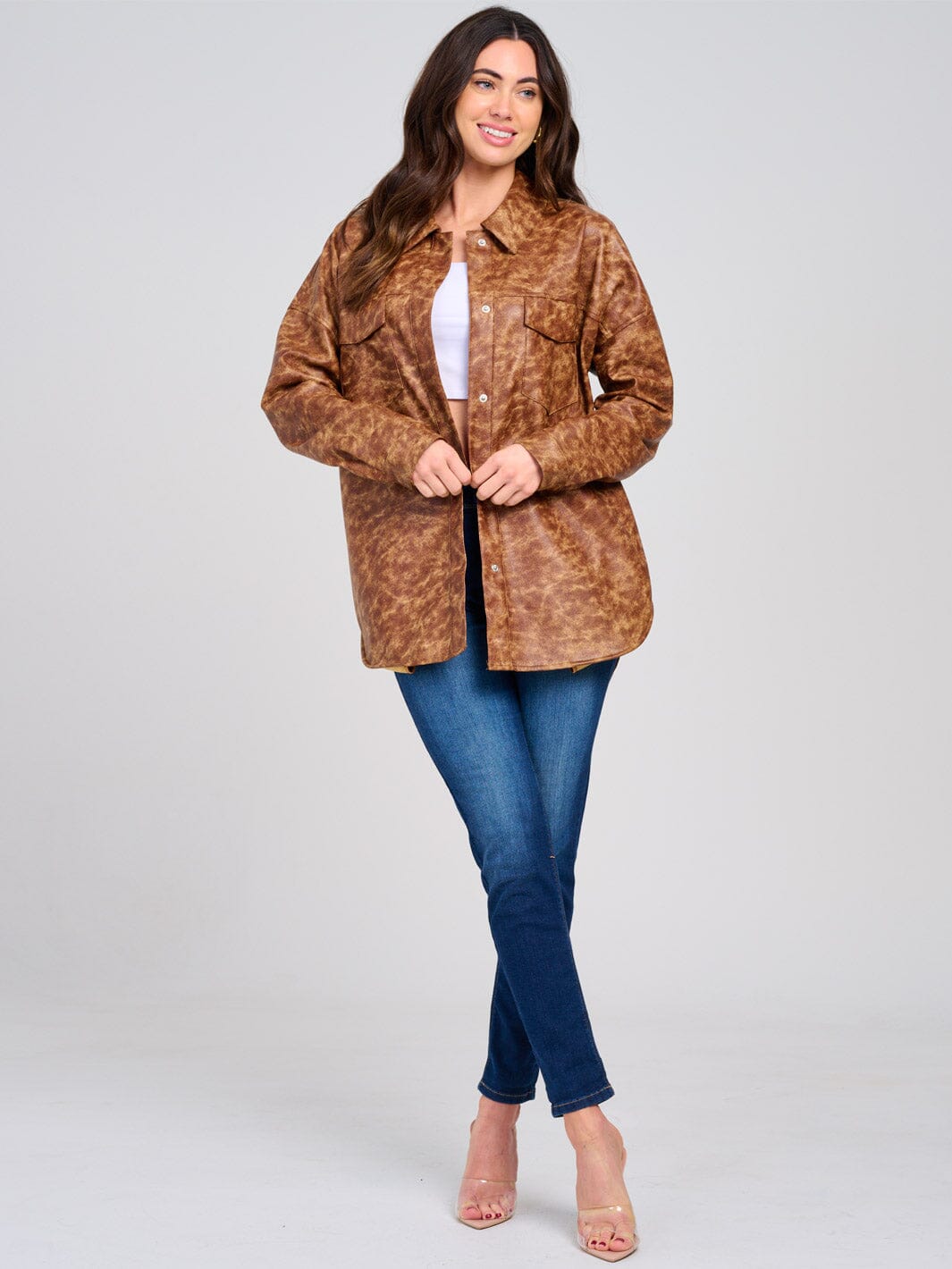 WOMEN'S LONG SLEEVE BUTTON CLOSURE FRONT POCKET PU PLEATHER JACKET