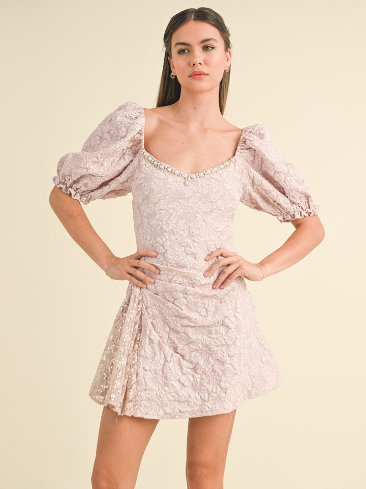 WOMEN'S SHORT PUFF SLEEVE FLORAL DETAILED MINI DRESS
