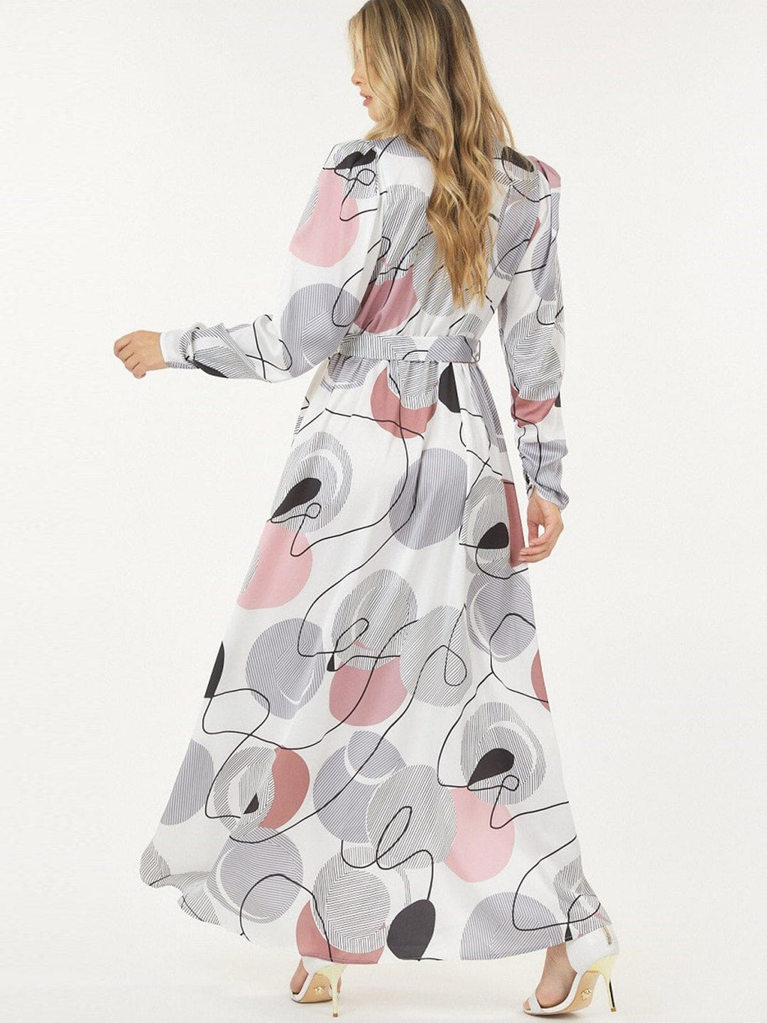 WOMEN'S LONG SLEEVE BUTTON UP SELF TIE MULTI PRINT MAXI DRESS