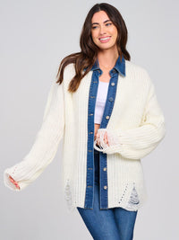 WOMEN'S LONG SLEEVE BUTTON CLOSURE DENIM DISTRESS KNIT SHACKET