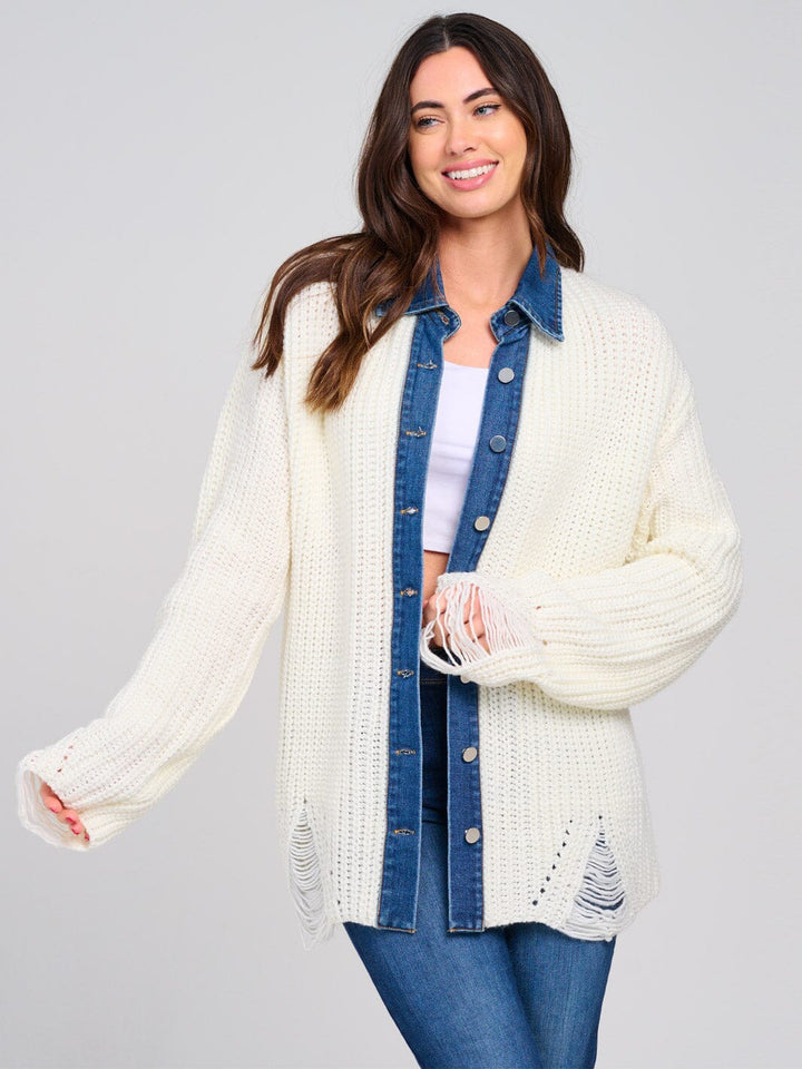 WOMEN'S LONG SLEEVE BUTTON CLOSURE DENIM DISTRESS KNIT SHACKET
