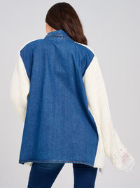 WOMEN'S LONG SLEEVE BUTTON CLOSURE DENIM DISTRESS KNIT SHACKET