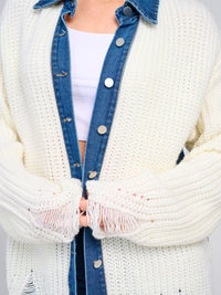 WOMEN'S LONG SLEEVE BUTTON CLOSURE DENIM DISTRESS KNIT SHACKET