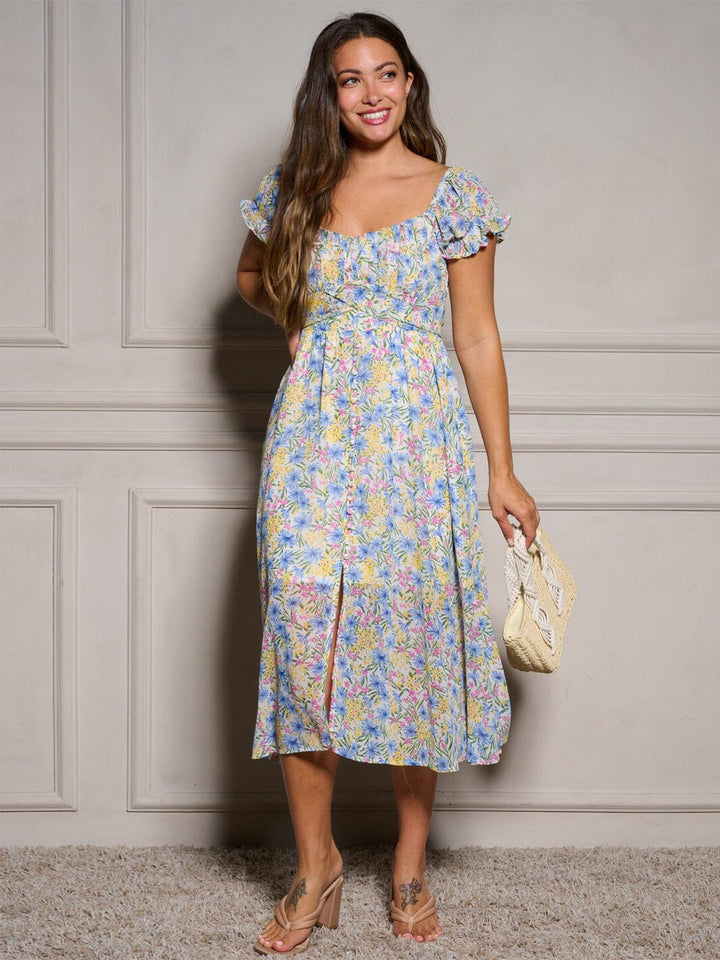 WOMEN'S SHORT SLEEVE SELF TIE SMOCK FLORAL MIDI DRESS