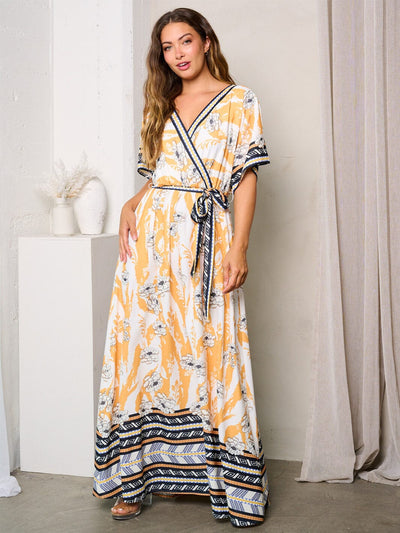 WOMEN'S SHORT SLEEVE SURPLICE MULTI PRINT MAXI DRESS