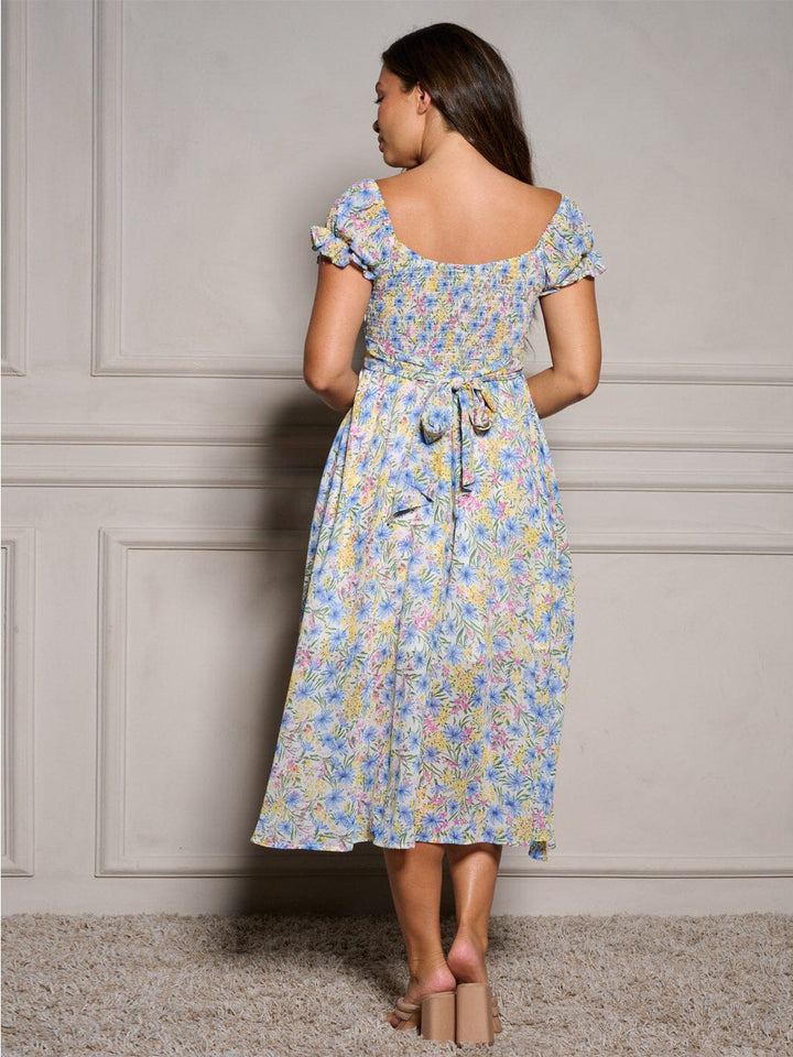 WOMEN'S SHORT SLEEVE SELF TIE SMOCK FLORAL MIDI DRESS
