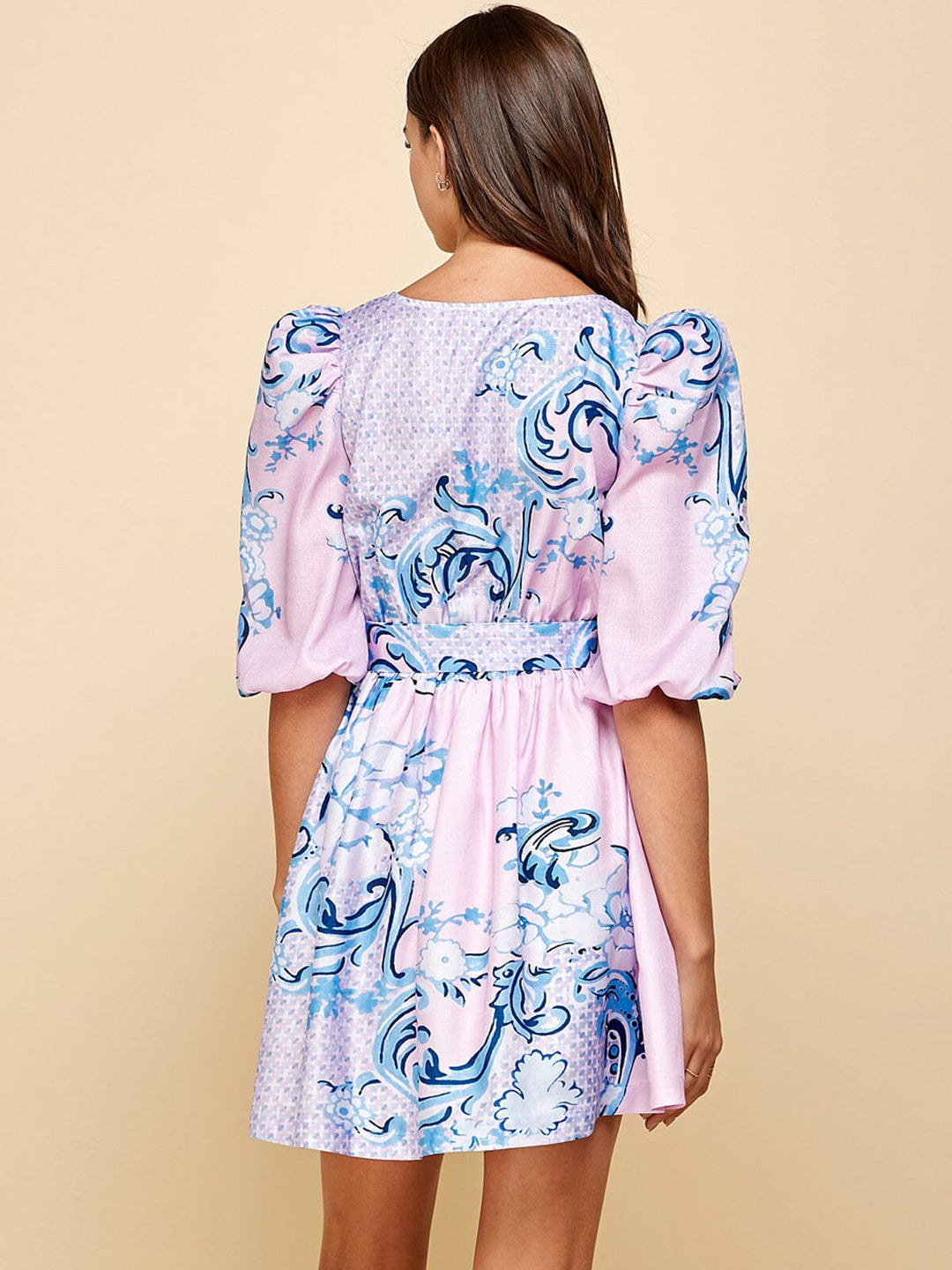 WOMEN'S SHORT PUFF SLEEVE V-NECK MULTI PRINT MINI DRESS