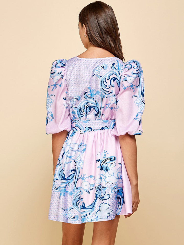 WOMEN'S SHORT PUFF SLEEVE V-NECK MULTI PRINT MINI DRESS