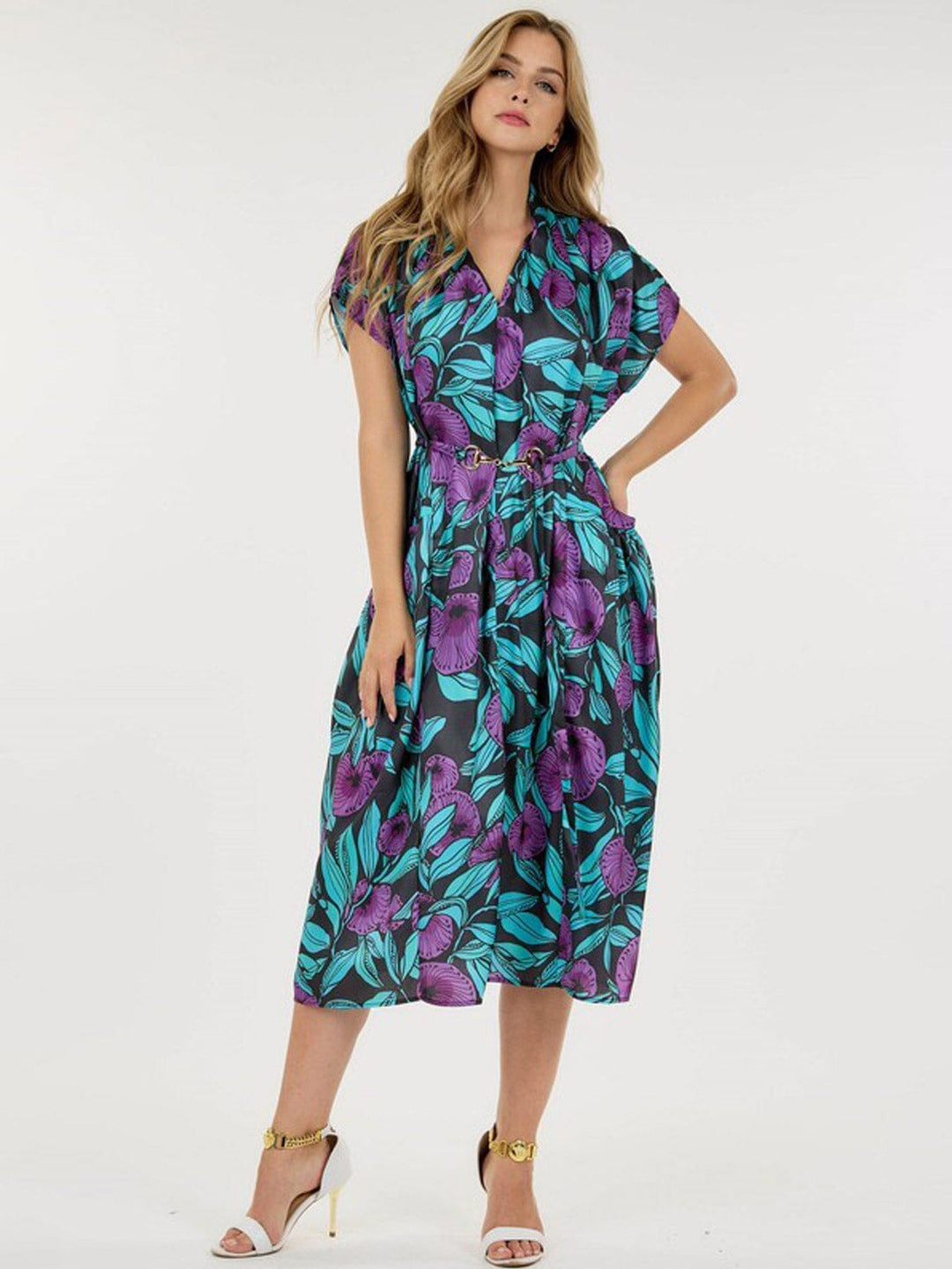WOMEN'S SHORT SLEEVE POCKETS BELTED MULTI PRINT TUNIC MIDI DRESS