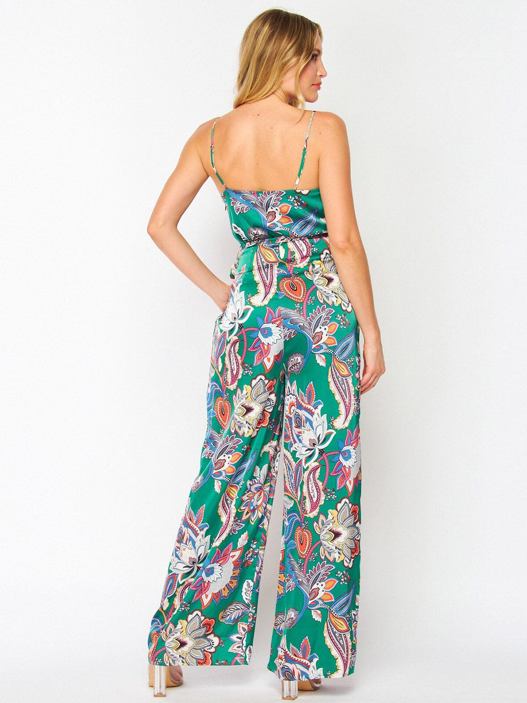 WOMEN'S SLEEVELESS SURPLICE MULTI PRINT WIDE LEG JUMPSUIT