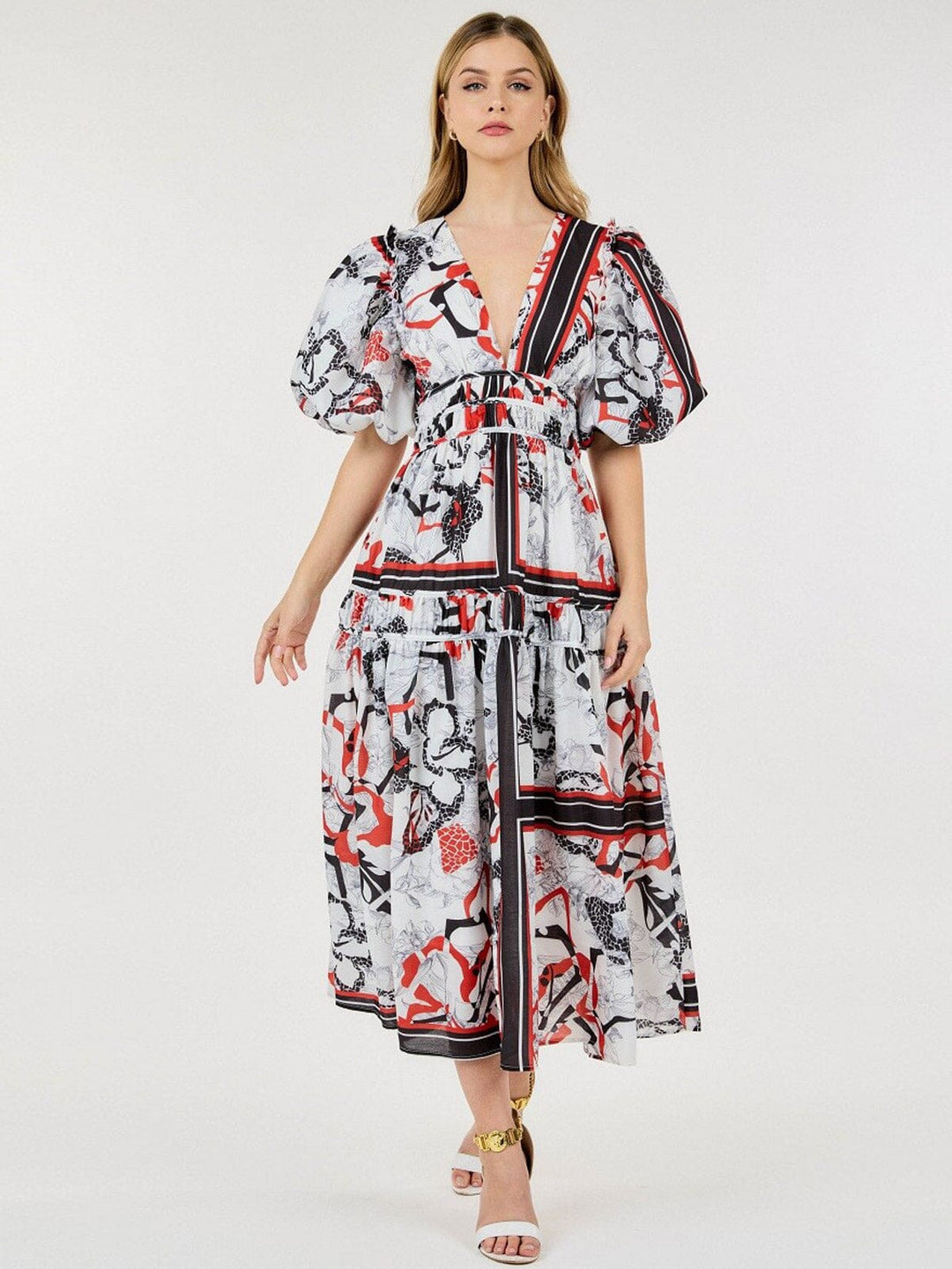 WOMEN'S SHORT PUFF SLEEVE V-NECK ELASTIC WAIST MULTI PRINT MAXI DRESS