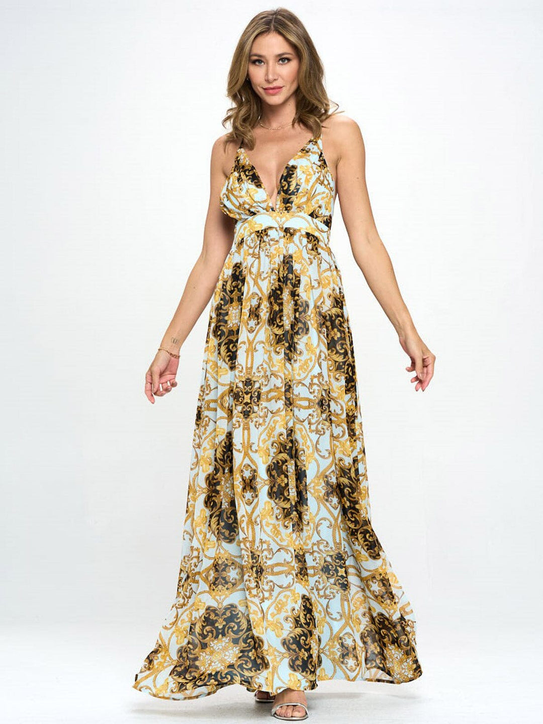 WOMEN'S SLEEVELESS V-NECK OPEN BACK MULTI PRINT MAXI DRESS