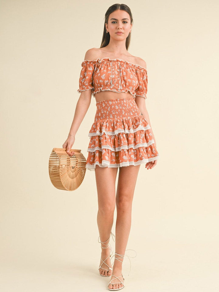 WOMEN'S OFF SHOULDER CROP TOP & ELASTIC WAIST MINI SKIRT RUFFLE FLORAL 2PC. SET