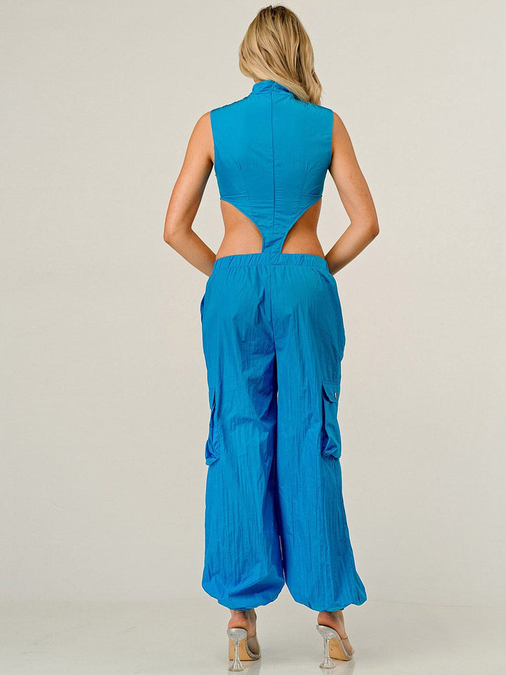 WOMEN'S SLEEVELESS POCKETS CUT OUT JOGGER JUMPSUIT