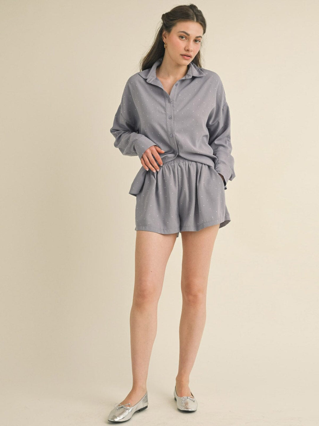 WOMEN'S LONG SLEEVE BLOUSE & MINI SHORTS STUDS DETAILED 2PC. SET