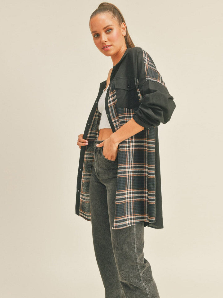 WOMEN'S LONG SLEEVE BUTTON UP PLAID CONTRAST SHIRT