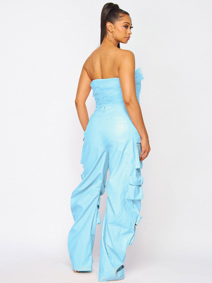 WOMEN'S BUTTON CLOSURE POCKETS PU PLEATHER PANTS