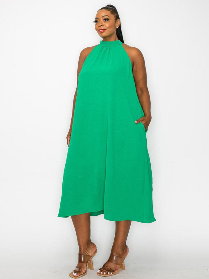 PLUS SIZE SLEEVELESS HALTER NECK POCKETS TUNIC MIDI DRESS