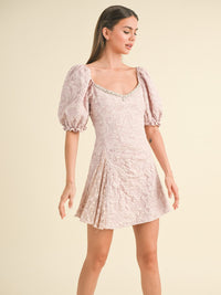 WOMEN'S SHORT PUFF SLEEVE FLORAL DETAILED MINI DRESS