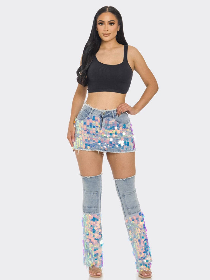 WOMEN'S BUTTON CLOSURE POCKETS SEQUINS MINI SKIRT W/BOTTIES DENIM SET