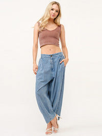 WOMEN'S BUTTON CLOSURE POCKETS WIDE LEG DENIM PANTS